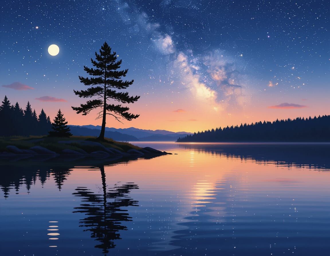 Milky Way Reflection: Serene Lakeside Scene