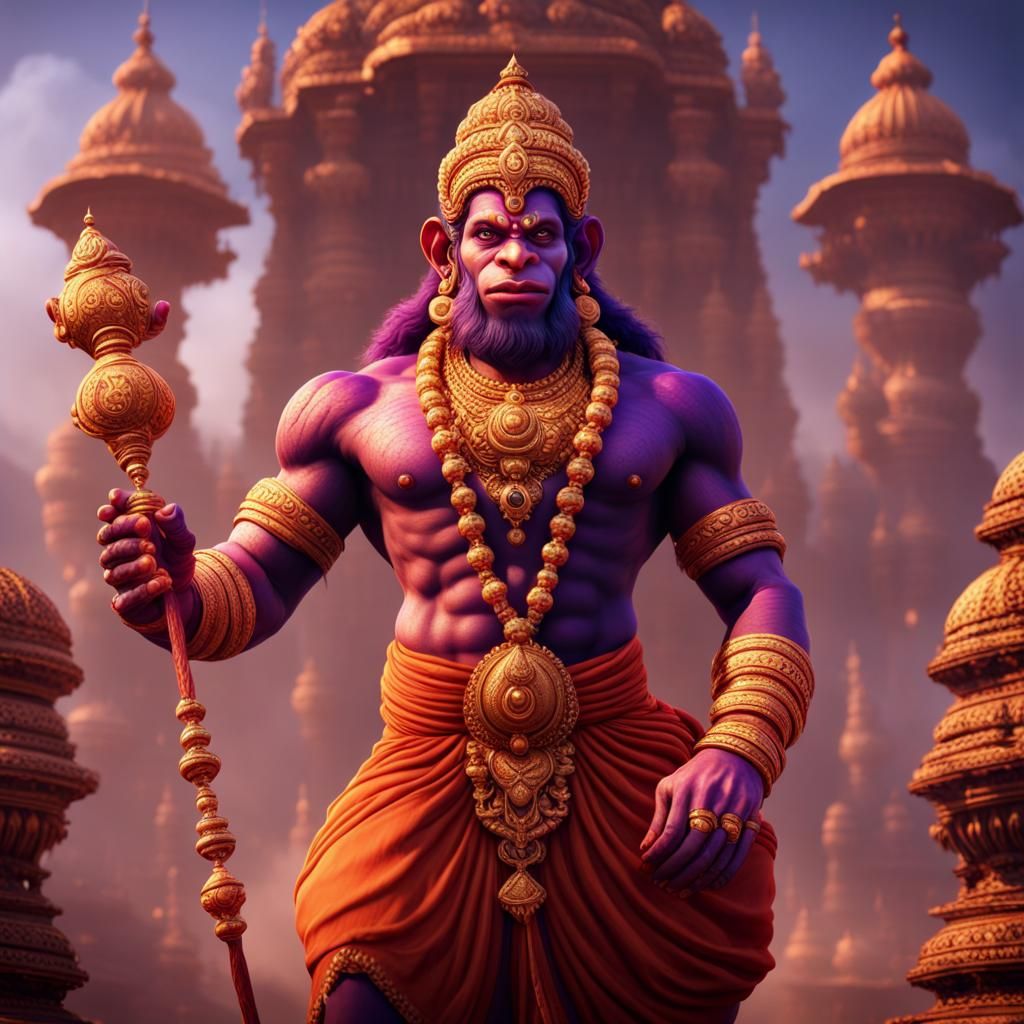 Purple-Skinned Hanuman: Detailed Fantasy Concept Art