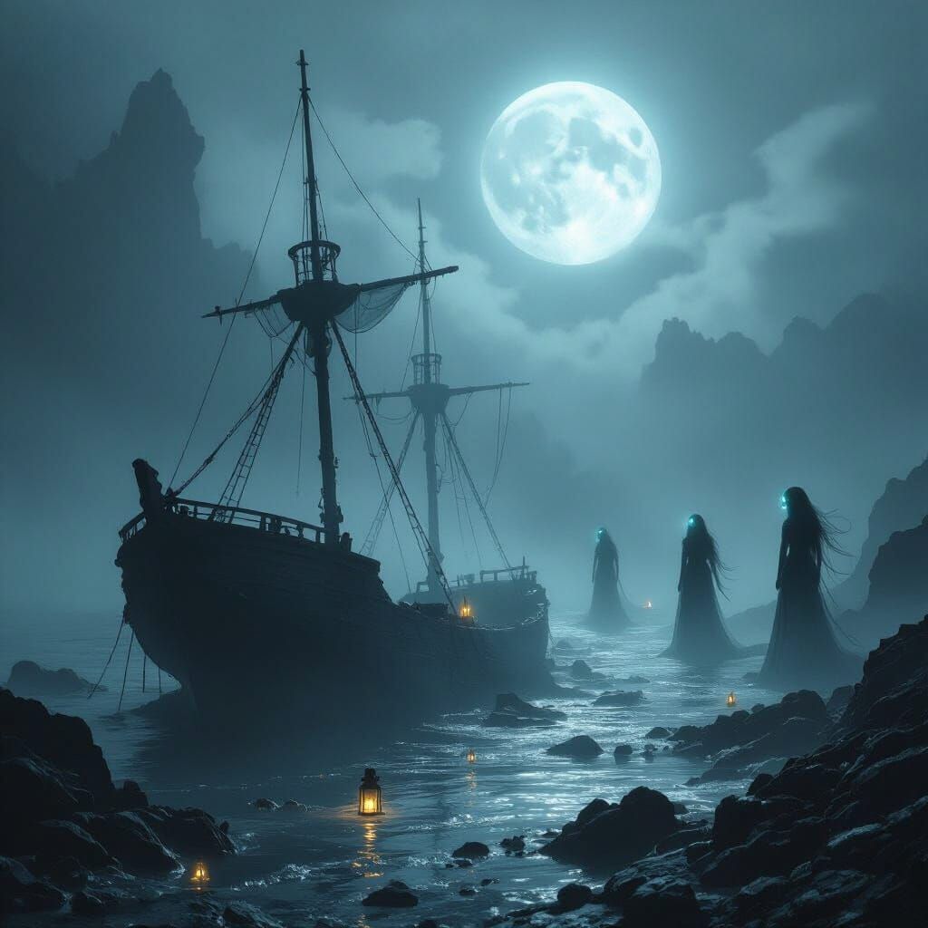 Ethereal Sirens and Shipwreck in Foggy Moonlight