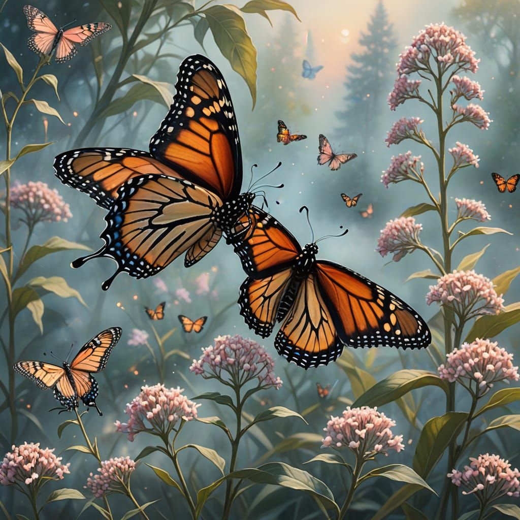 Whimsical Monarchs in Enchanted Milkweed Landscape