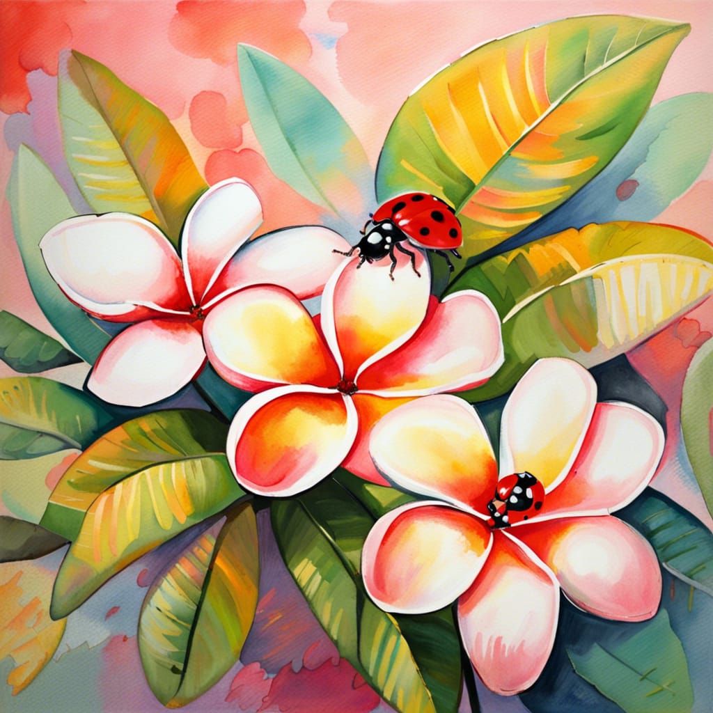 Plumeria and Ladybugs: Impressionist Gouache Watercolor
