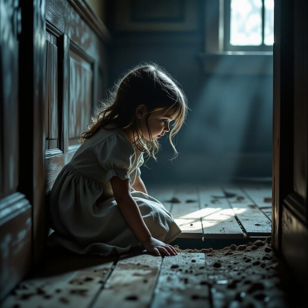 Girl Peeks Under Floorboards in Atmospheric Lighting