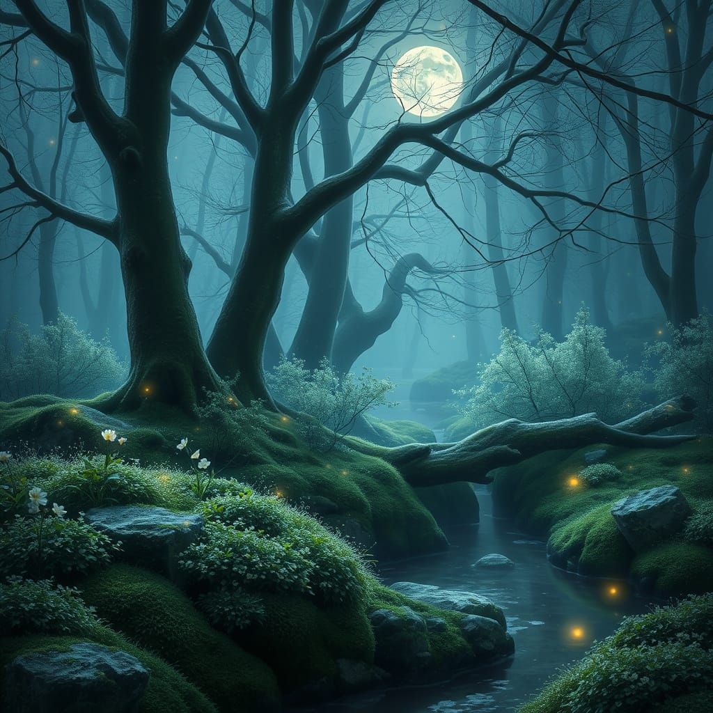 Ethereal Moonlit Forest Grove in Dreamy Style