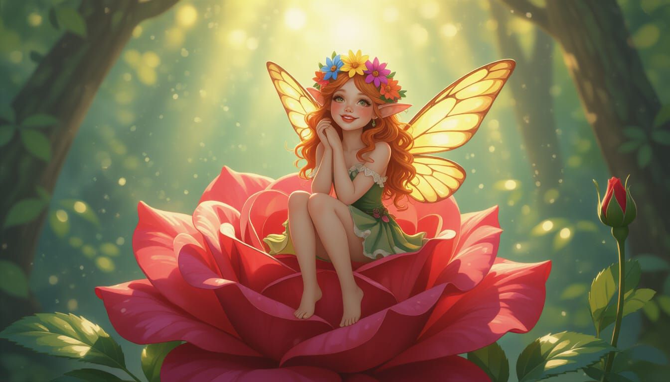 Joyous Faerie on Giant Rose in Enchanted Forest