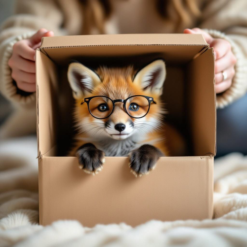 Adorable Baby Fox in Glasses Revealed in Cardboard Box