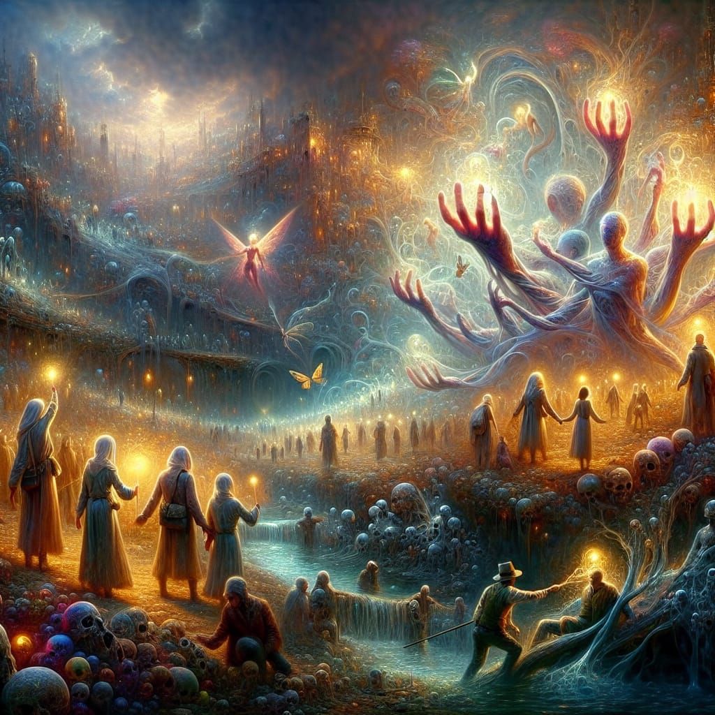 Post-Apocalyptic Three-Armed People in Romanticism Oil Paint...