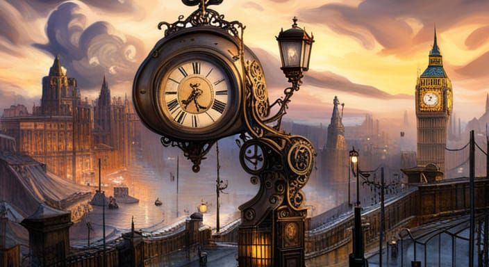 Surreal Steampunk Clock Rain in London