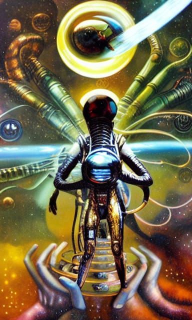 Six of Pentacles: Alien and Astronaut Sharing Gold