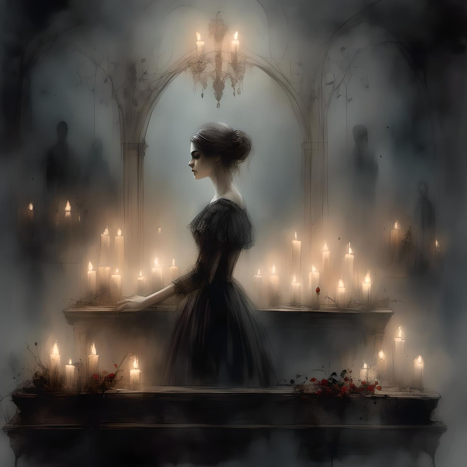 Surreal Funeral: Young Woman and Her Coffin