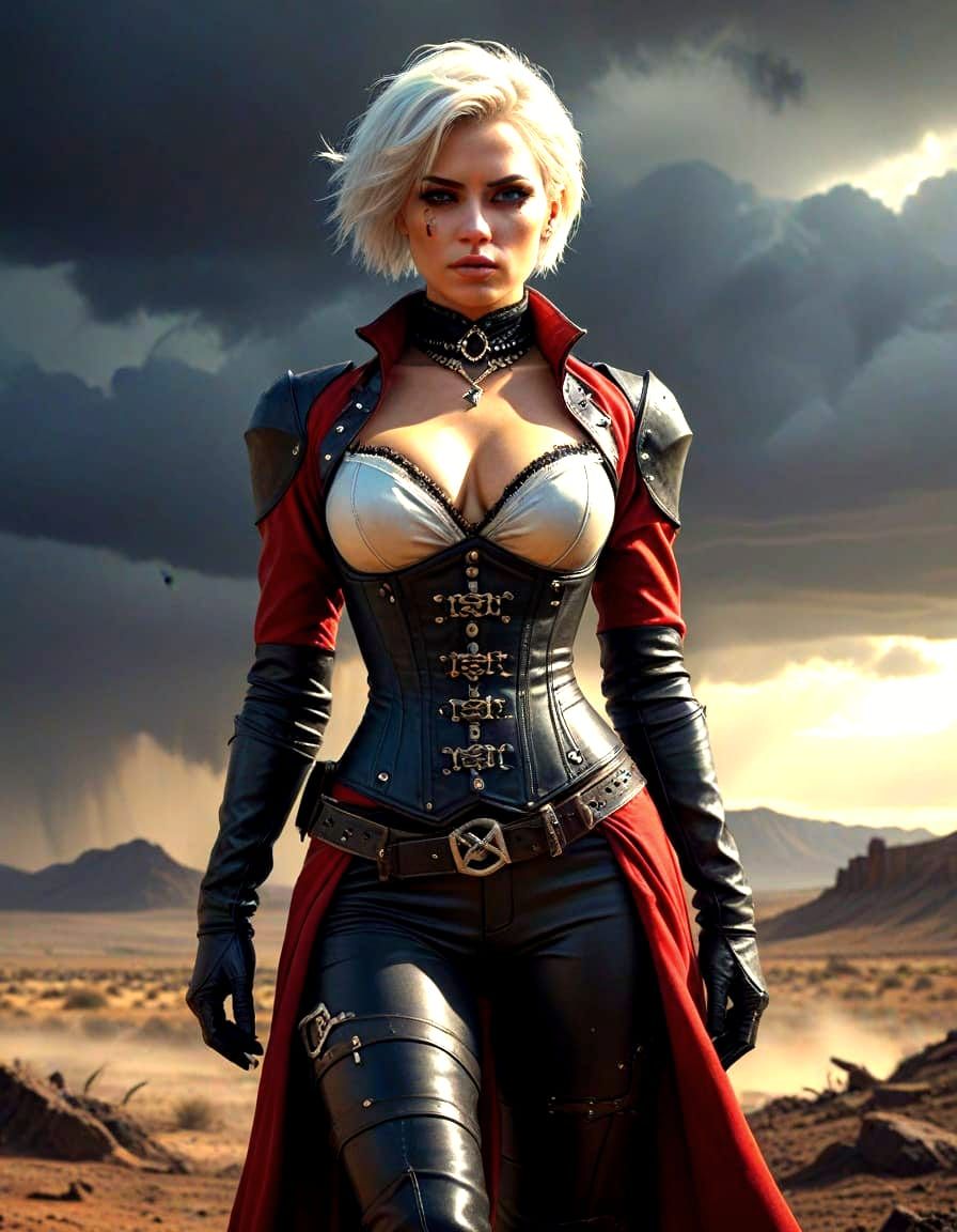 Elegant Female Gunslinger in a Stormy Western Landscape