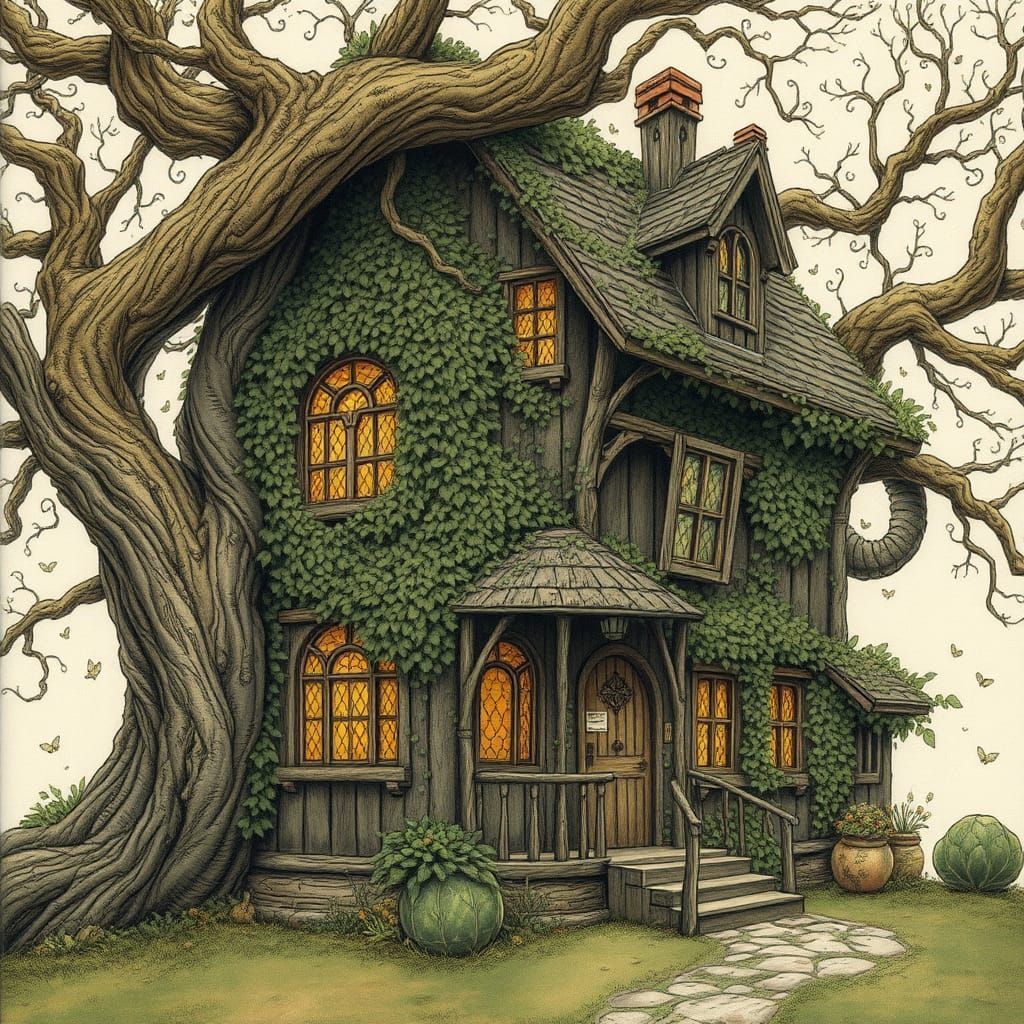 A house built around a tree in the style of Arthur Rackham and Anton Pieck