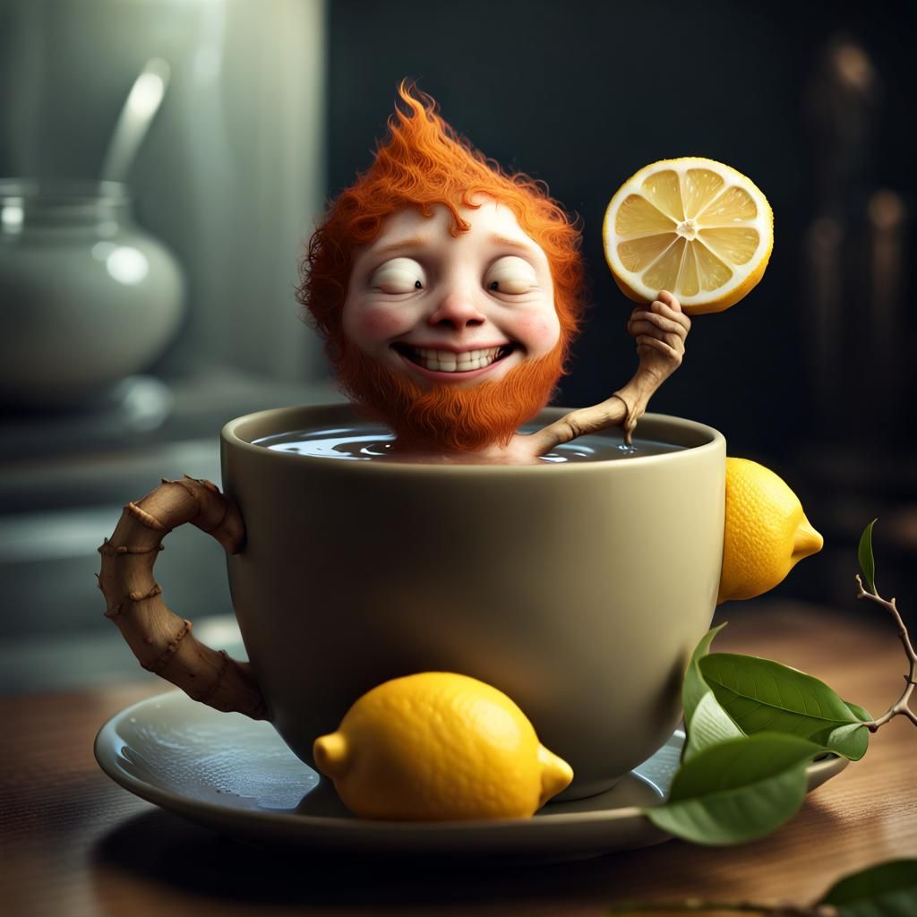 Anthropomorphic Ginger Root Relaxing in Hot Water
