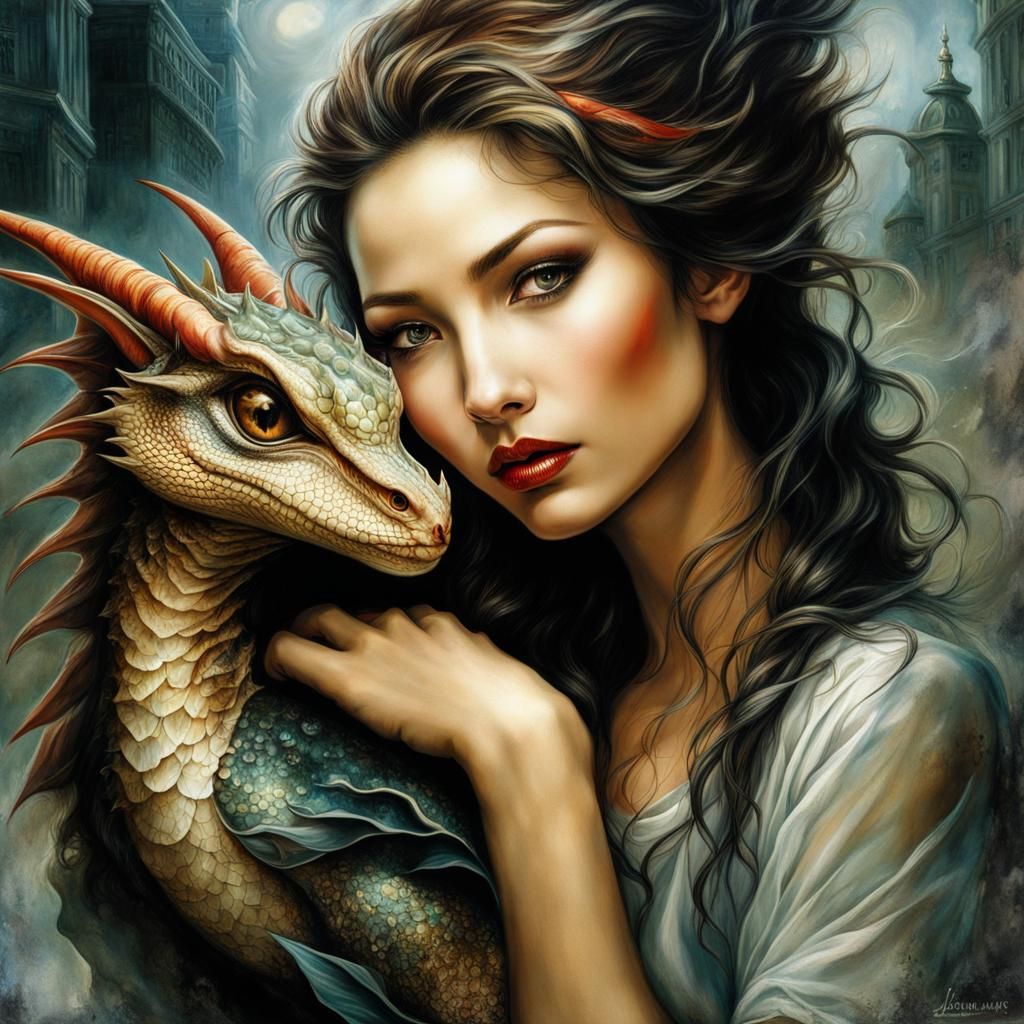Dreamlike Dragon Embrace in Grunge Fantasy Style