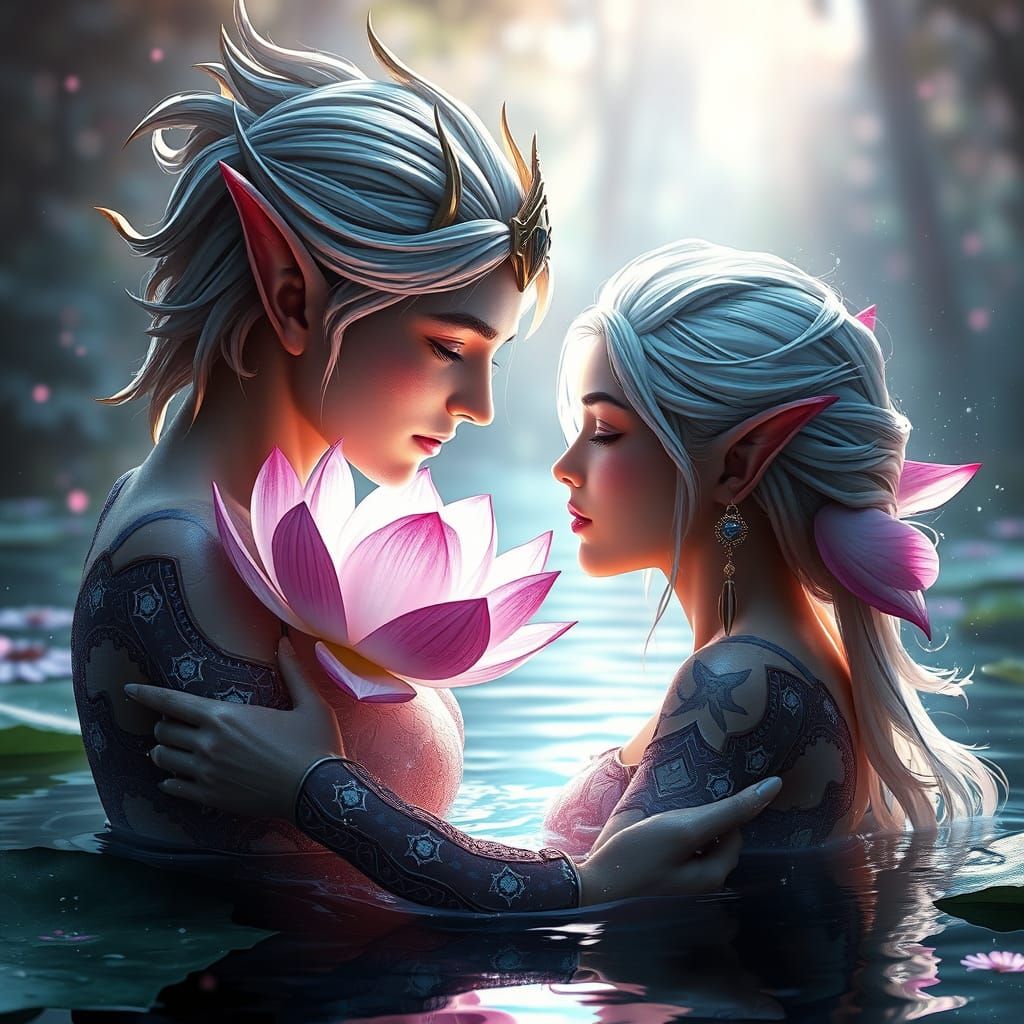 Elven Lotus Borns Dance Together in Dreamlike Lake Scene