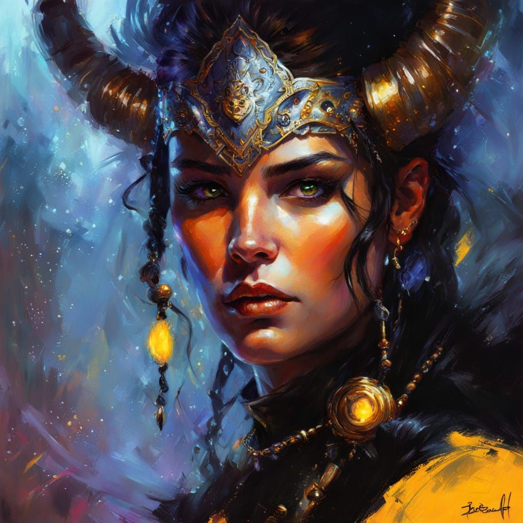 Fantasy Tiefling Princess with Golden Eyes in Neon Glow