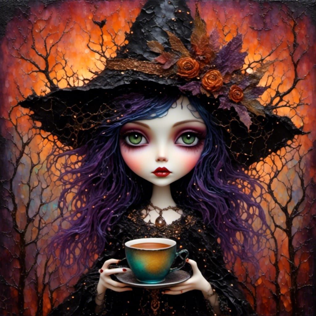 Gothic Witch with Coffee, Pearlescent Fantasy Art
