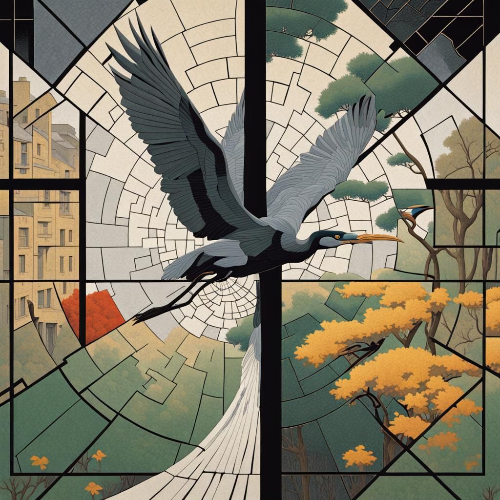 Art by Abdur-Rahman Chughtai, Hasui Kawase, Henri de Toulouse-Lautrec, M.C. Escher, Piet Mondrian, abstract puzzle art, ...