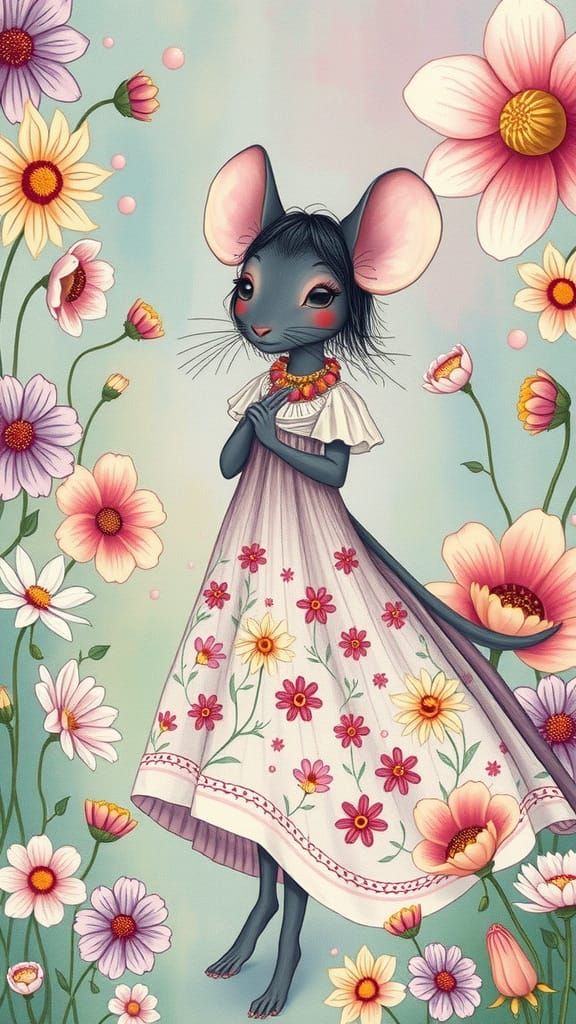 Shy Mouse in Bohemian Dress with Mystical Flowers