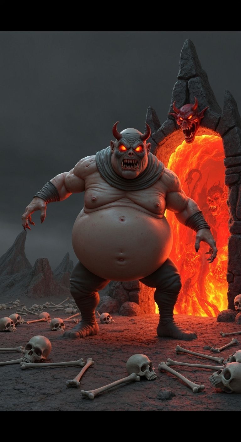 Grotesque Figure Before Hellish Portal in Horror Comic Style