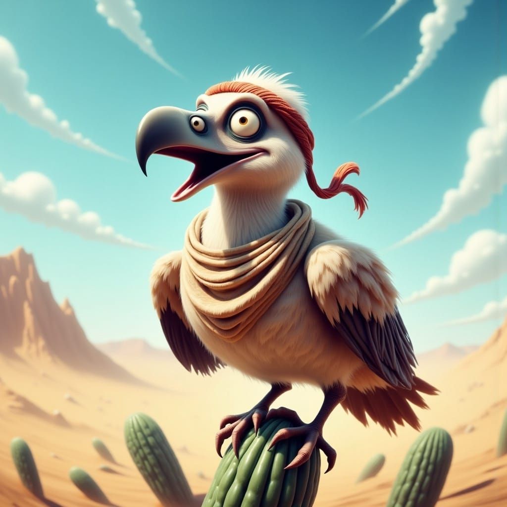 Whimsical Vulture Caricature in Arabian Desert