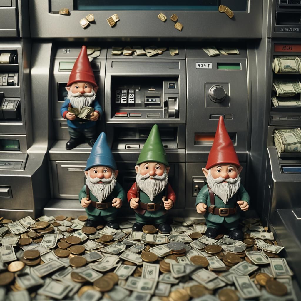 Gnome Workers Inside a Cash Machine: Cinematic Film Still