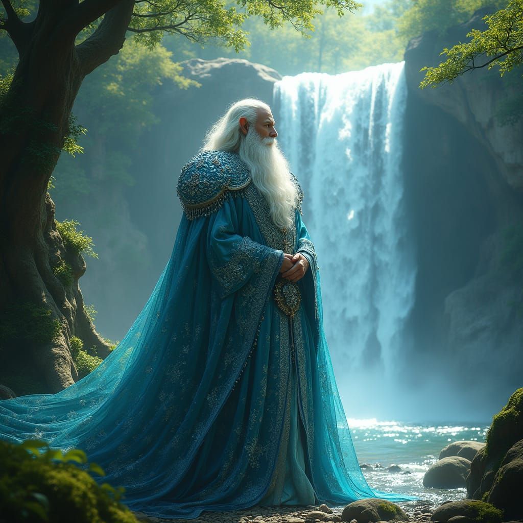 Majestic Elven King in Celestial Robes, Standing Before Crys...