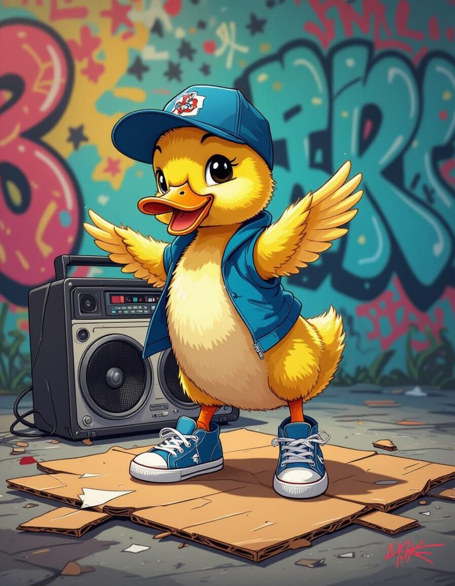 Duckling Breakdancing in Vibrant Street Art Style