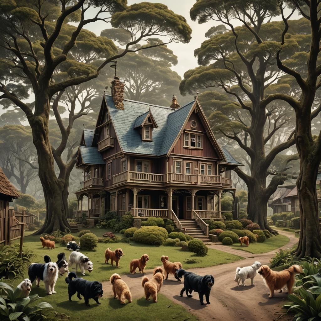 Realistic Country House with Pond and Dogs