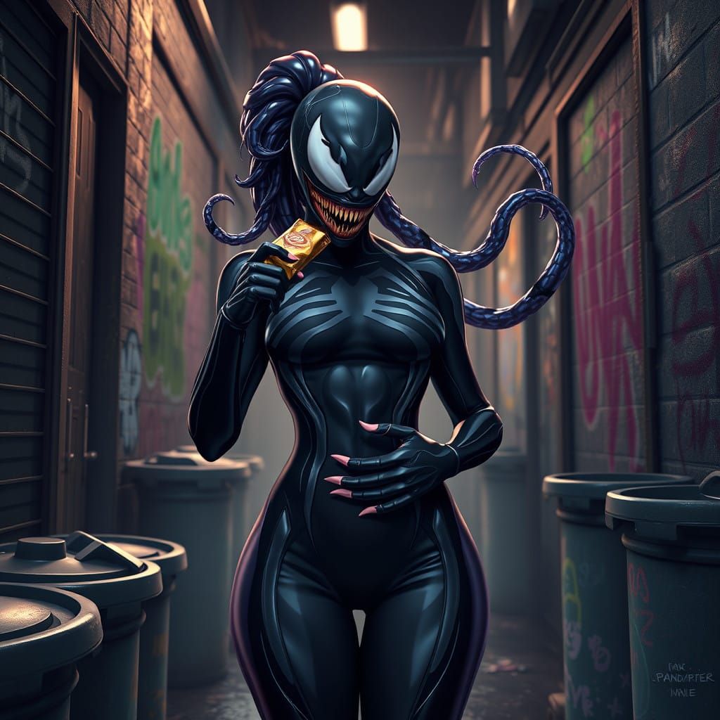 Venom Symbiote Savoring Chocolate in a Dark Alley