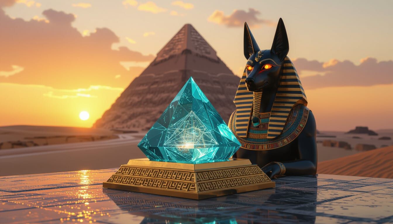 Turquoise Pyramid with Anubis in Mystical Realism