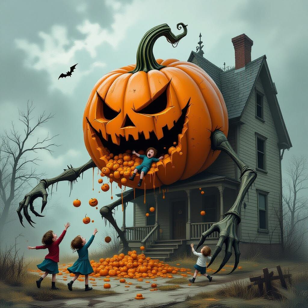 Monstrous Pumpkin Devours Children in Dark Fantasy Style