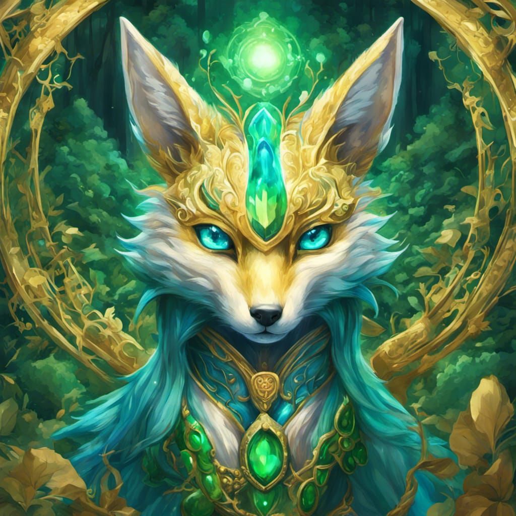 Adorable Kitsune Creature in Mystical Emerald Forest