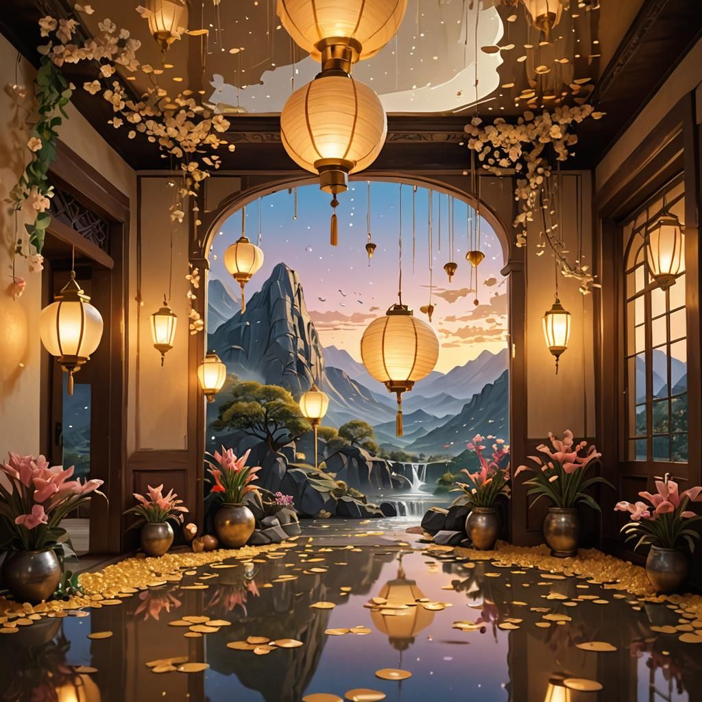 Ethereal Indoor Fantasy Scene with Golden Light