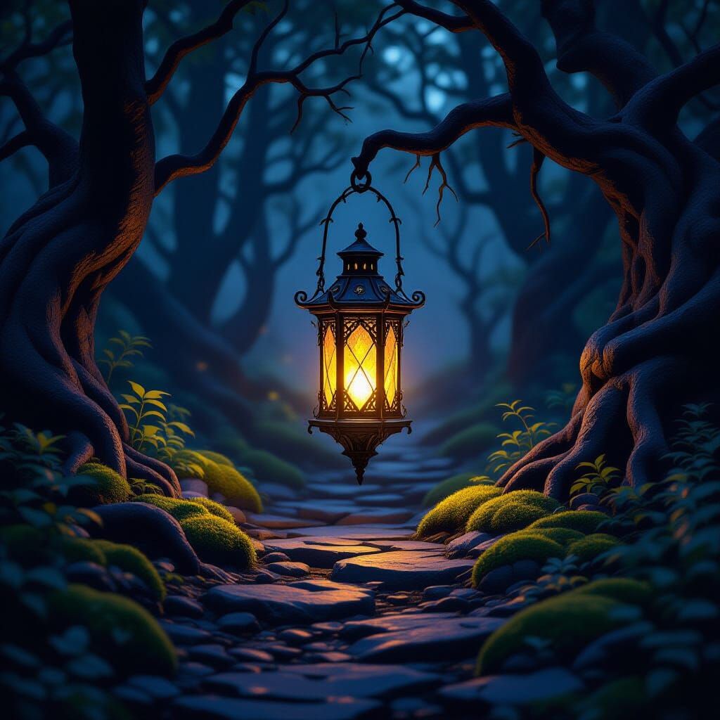 Ancient Lantern Guides Through Dark Forest Path