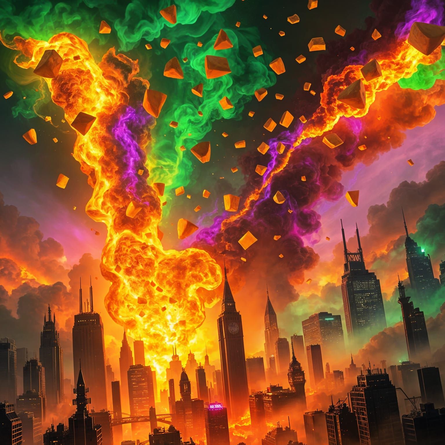 Apocalyptic Cheese Apocalypse Unfolds Over a Burning City