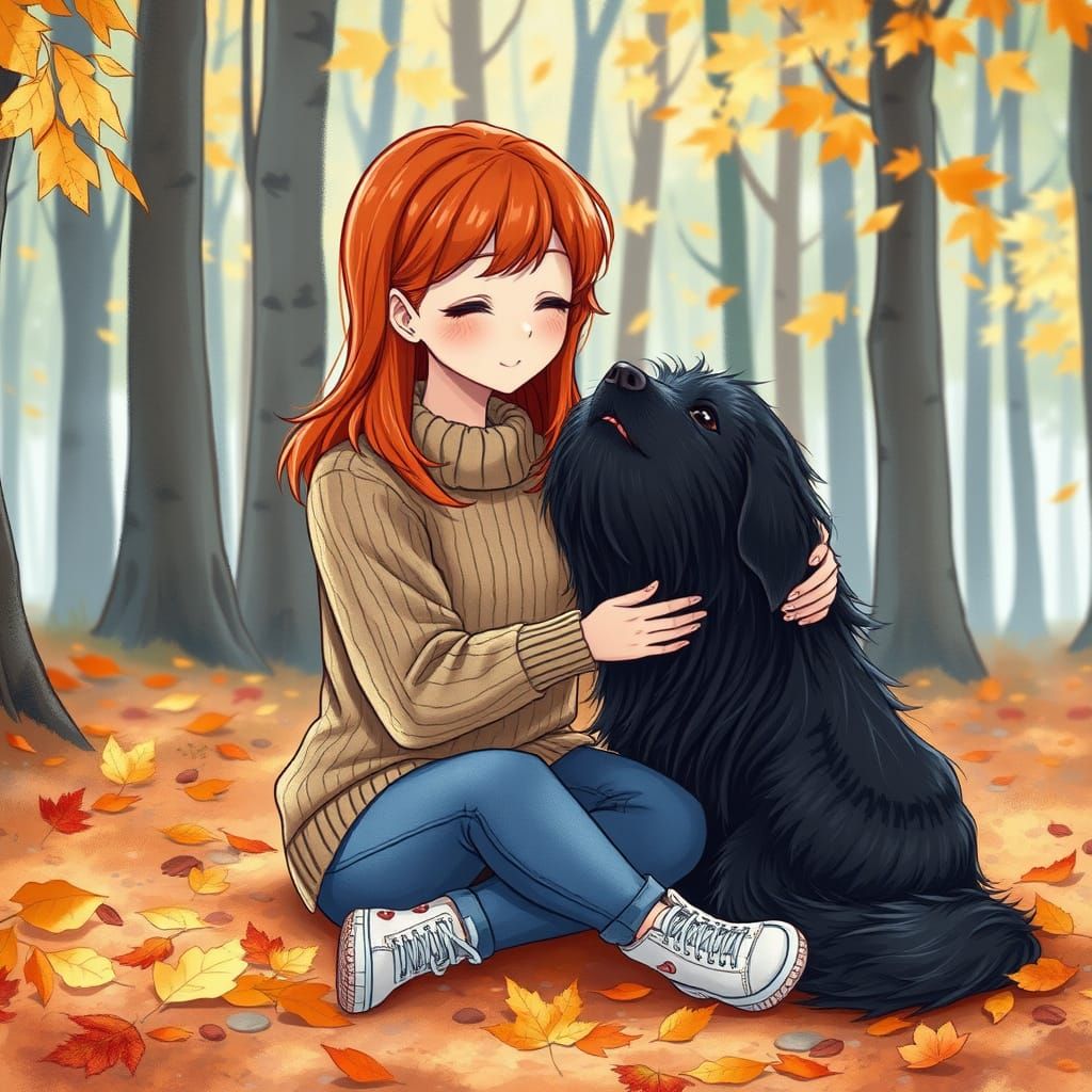 Anime-Style Redhead with Dog in Autumn Forest