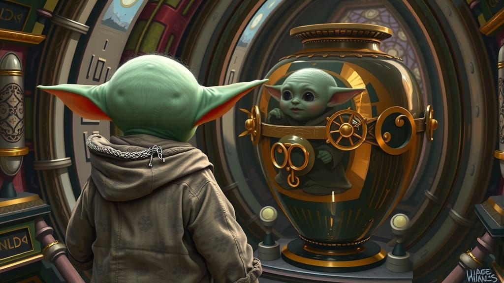 Baby Yoda and Mystical Reflection in Concept Art Style