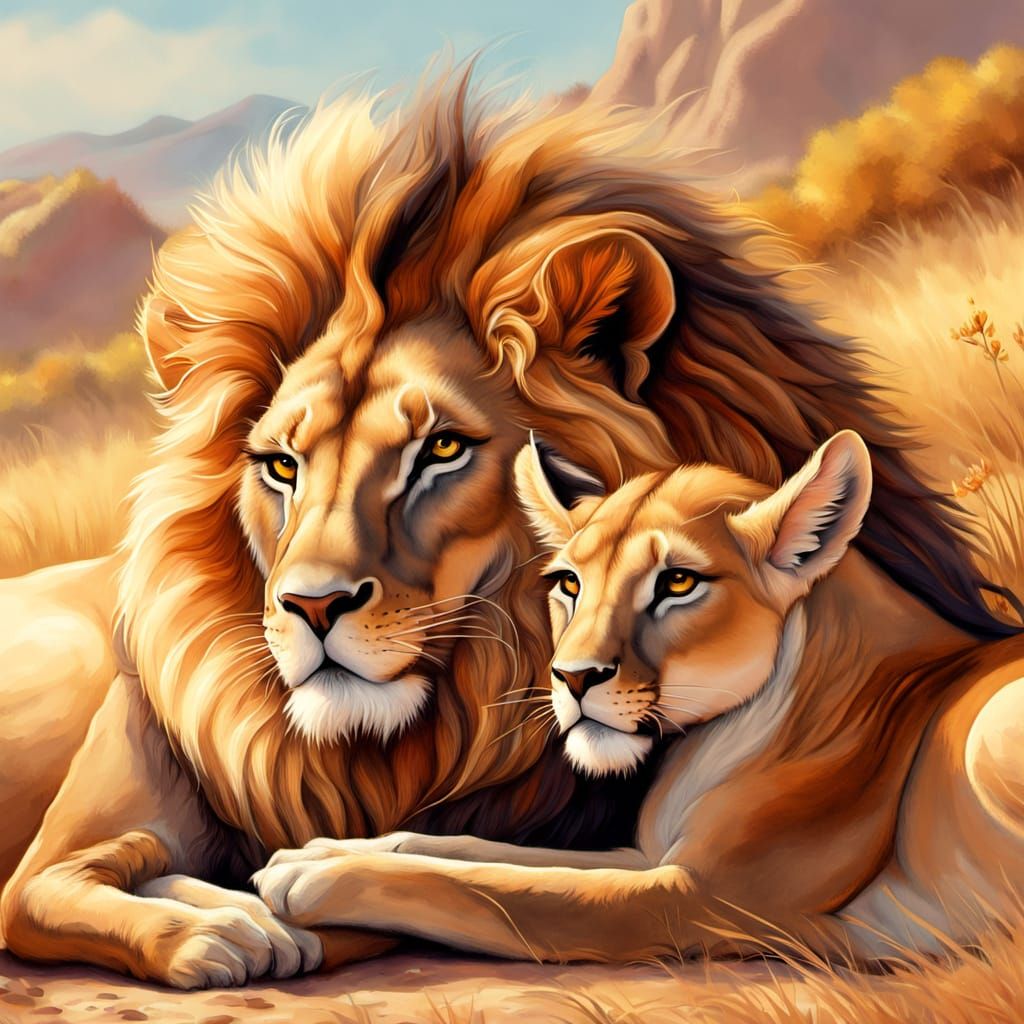 Whimsical Lion Uses Gazelle as Pillow in Dreamlike Digital A...