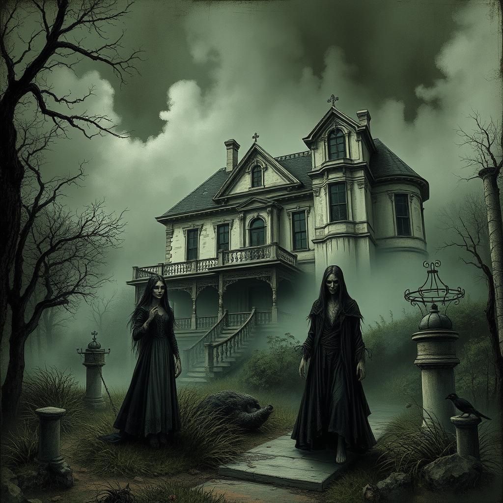 Decaying Mansion with Ghosts in Gustave Doré Style