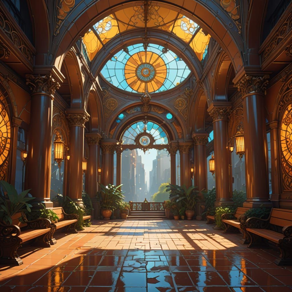 Ethereal Bird's-Eye View of Shaded Stone Gallery