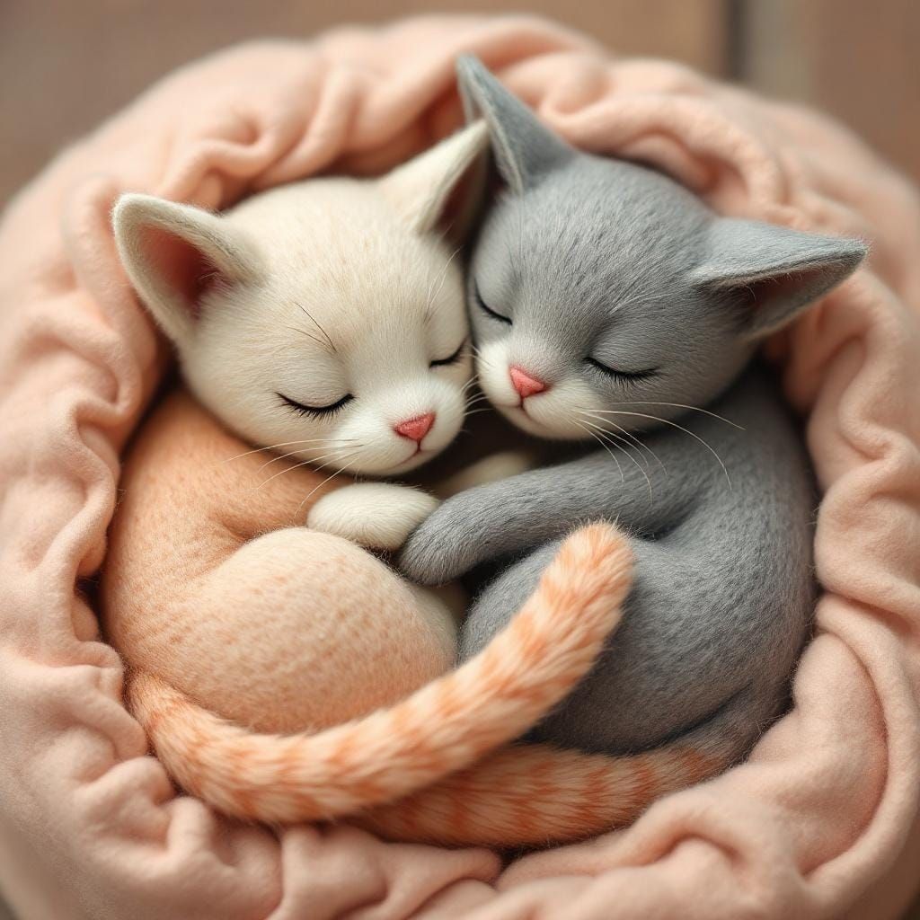 Pastel Felt Cats Napping, Whimsical Illustration
