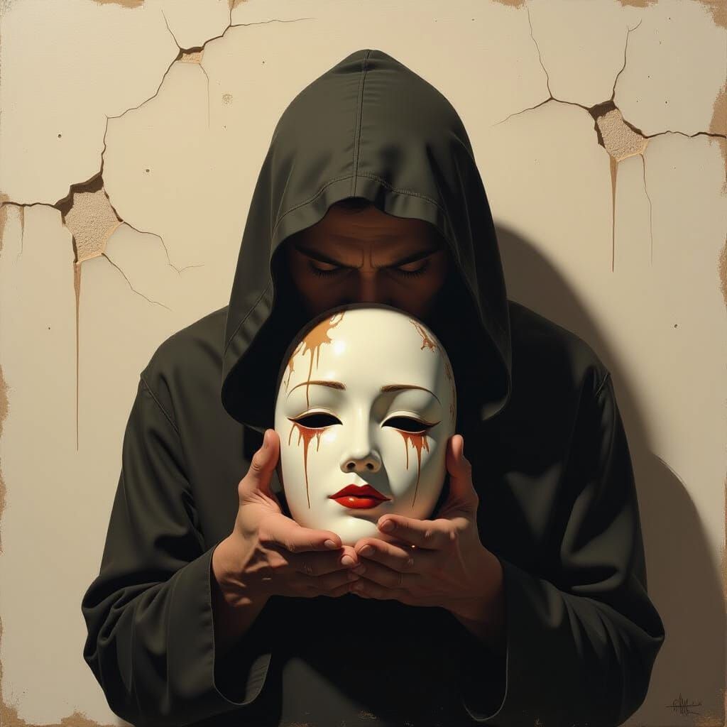 Hunched Figure With Cracked Porcelain Mask