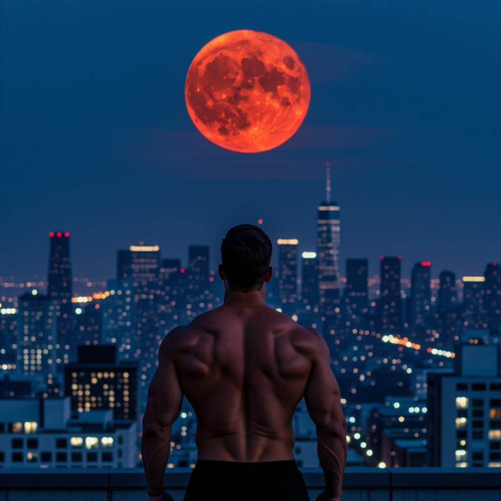 Man Watches Blood Moon Over City Rooftop at Night