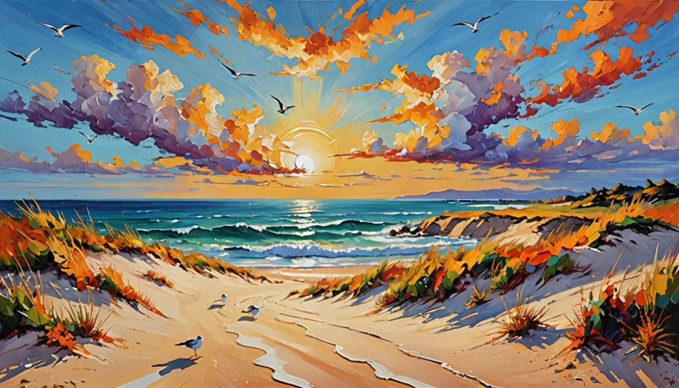 Seascape Impasto Painting of Beach with Dunes