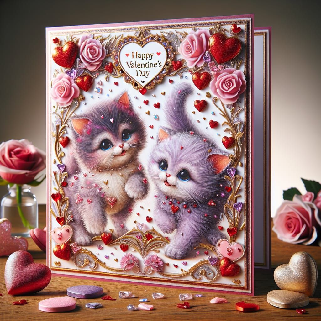 Lively Cartoon Valentine's Card with Frolicking Kittens and ...