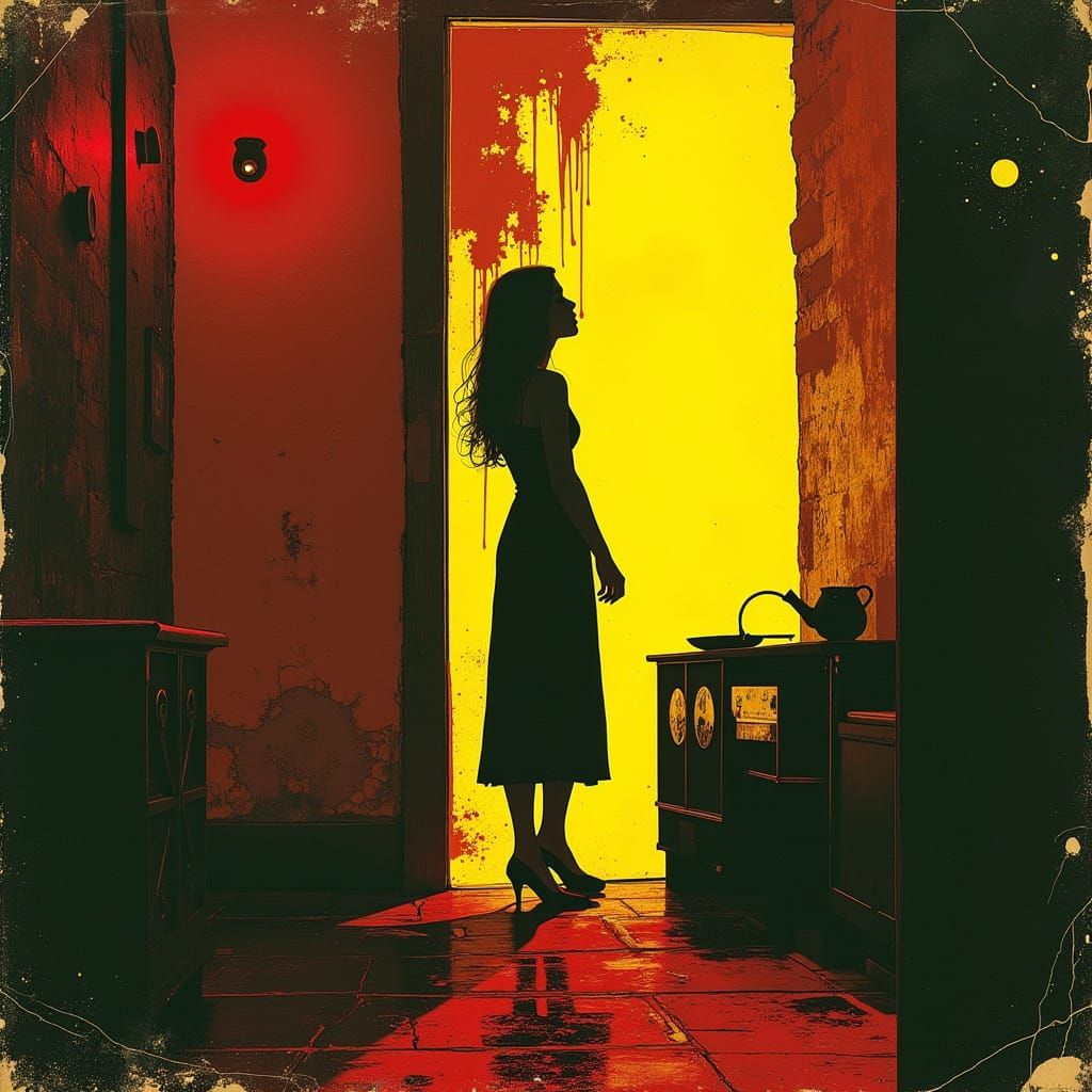 Silhouette of a Lone Figure in a Dark Room, Cyberpunk Style