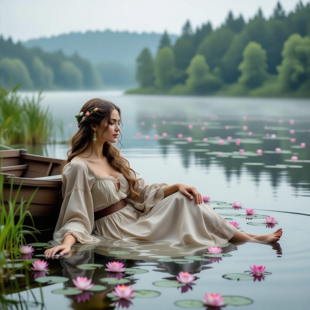 Woman in Lake with Pink Water Lilies