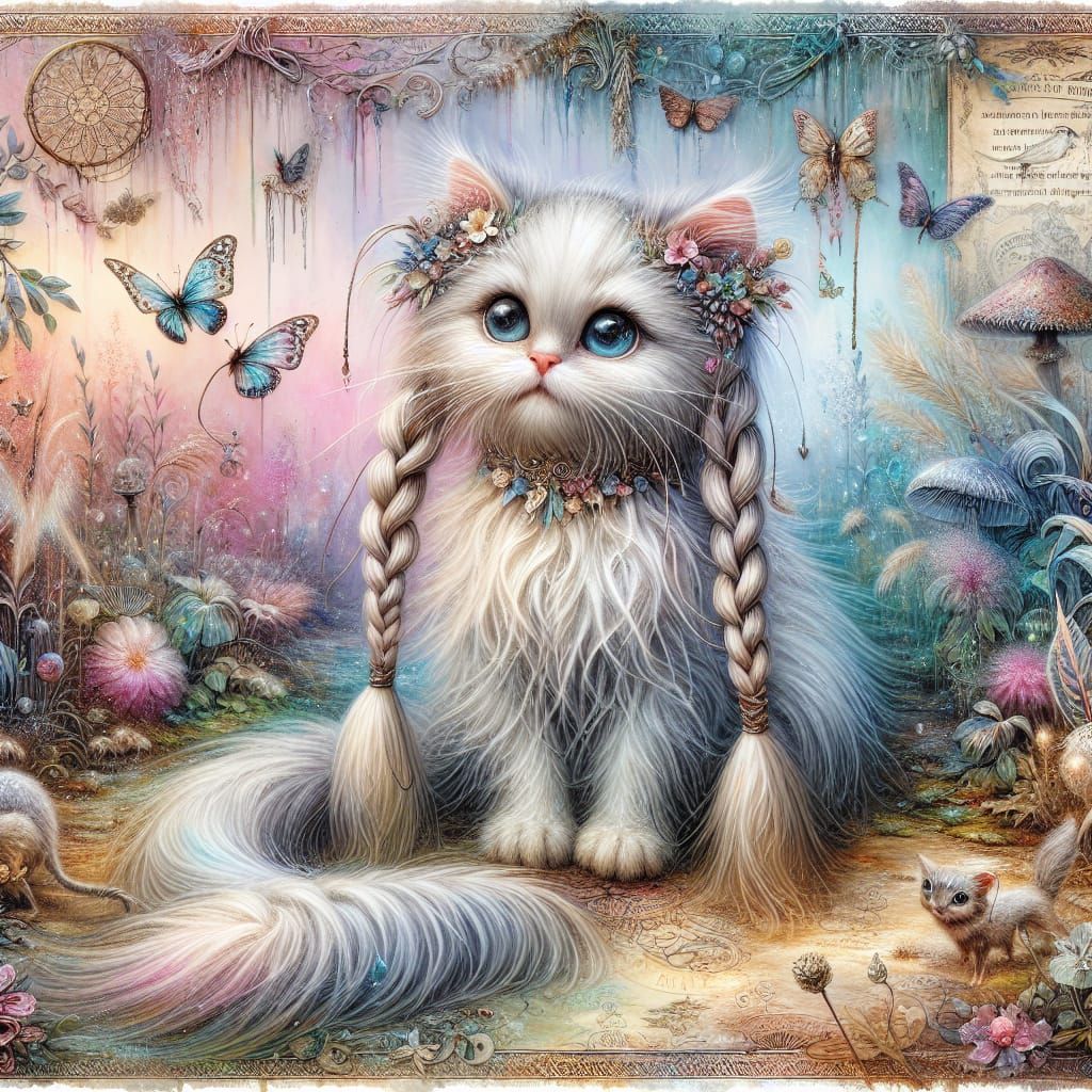 A cute Longhaired Cat with long braids instead of ears, in a whimsical painterly style, with elements of vintage ephemer...