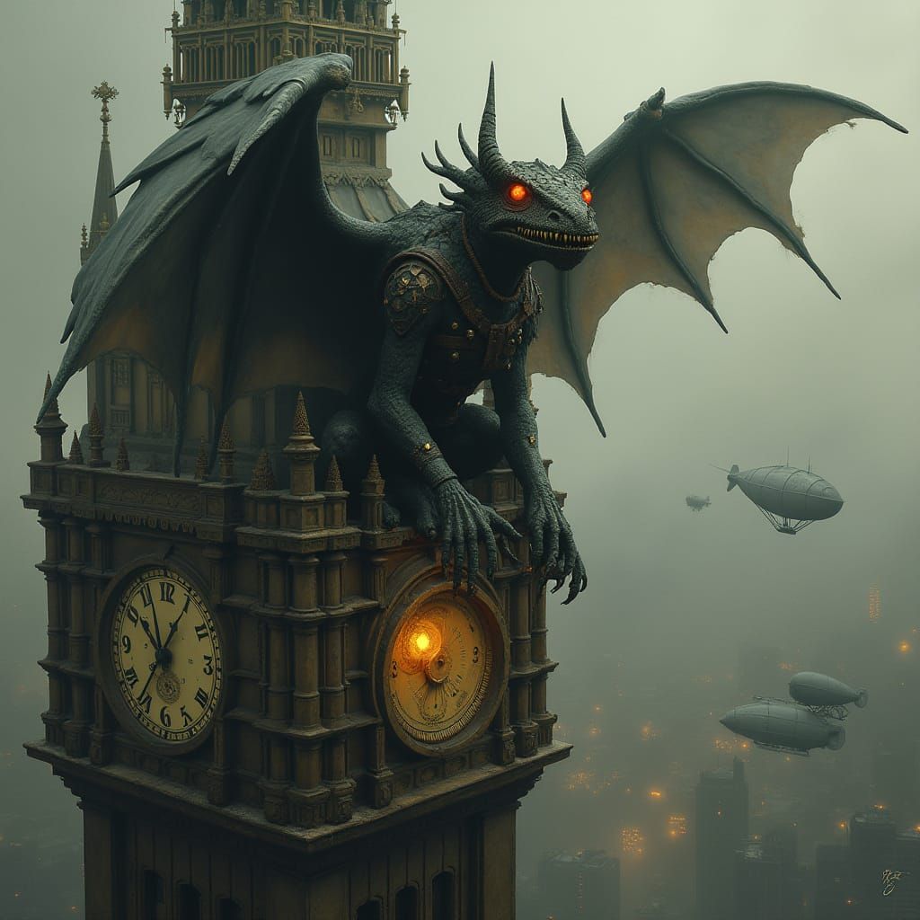 Steampunk Gargoyle on Victorian Clock Tower in Smog City