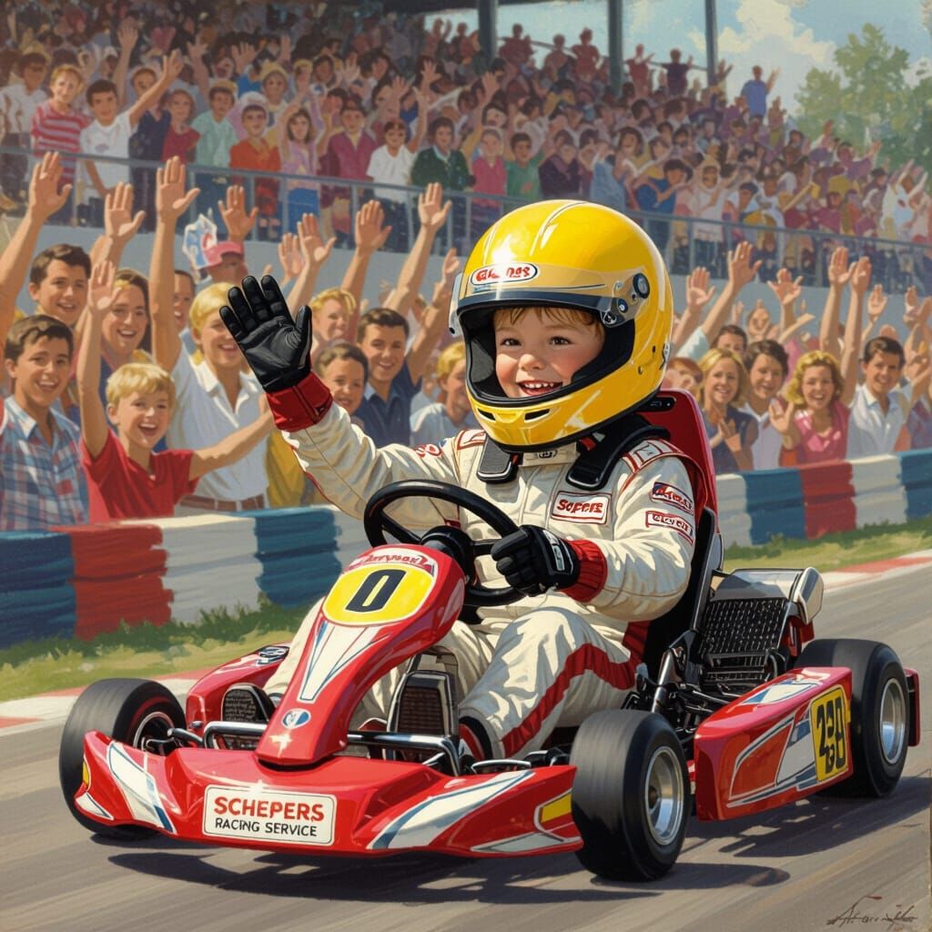 Boy in Go-Kart Waving to Cheering Crowd